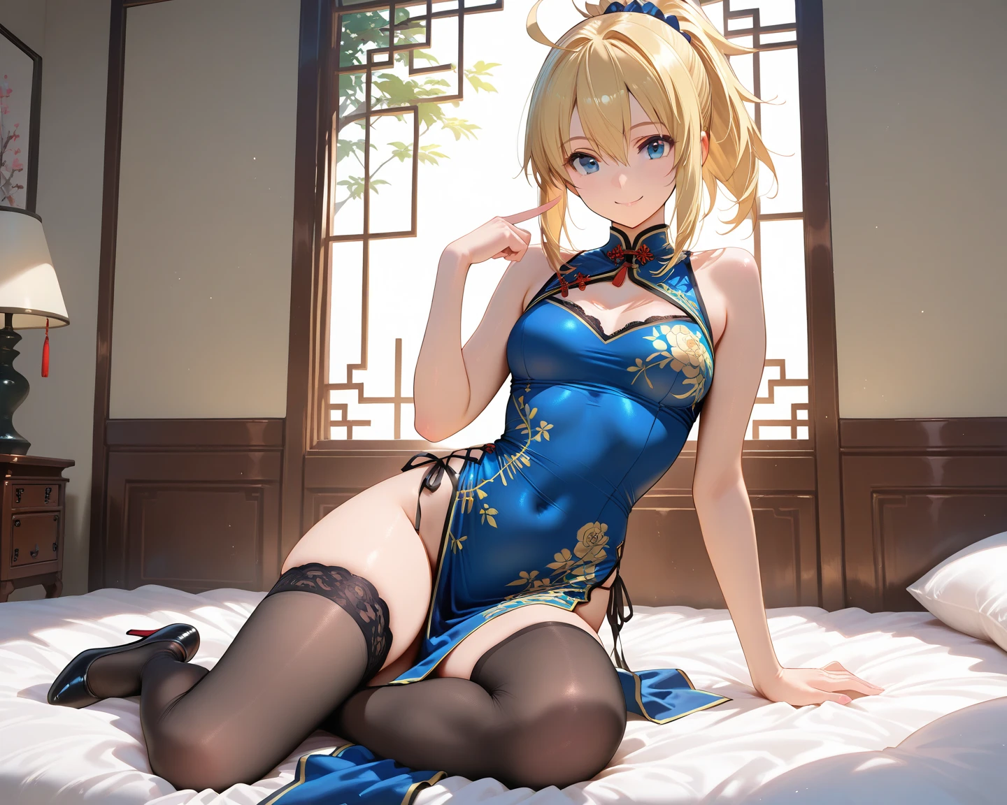 1girl, magical girl, panties,skirtlift,((upskirt)),((pantyshot)),(yellow panty),((Small panties)),(((See-through panties))),(((black pantyhose))),white race panty, ,Are crying,Anguished expression、Embarrassed look,8k,Realistic、Anime illustration,CG、masterpiece, best quality, 1 girl, solo, large breasts, black chinesedress, dark blue eyes, forehead, golden yellow hair, ahoge, flustered, (show off panties:1.2), sitting, spread legs, (Beijing:1.2)