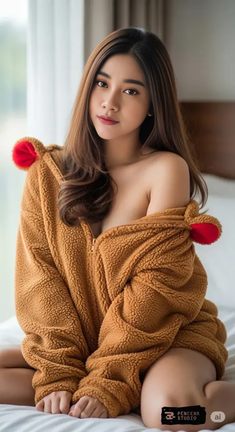 <lora:b34rc04t:0.7>, b34rc04t, fuzzy jacket, open coat, animal hood, best quality, masterpiece, illustration, realistic, photo-realistic, amazing, finely detail, incredibly absurdres, huge filesize, ultra-detailed, highres, extremely detailed CG unity 8k wallpaper, nsfw, (nude:1.2), close-up, A cute baby bear onesie pajama made of super soft light brown plush fabric with a fluffy hood. The hood is an adorable bear head with big sparkling eyes, a tiny nose, and a sweet smile. The front zipper is pulled completely open and down to the bottom, fully exposing the smooth glowing bare skin and natural feminine features of the young woman inside. She has an innocent and youthful face with chubby rosy cheeks. Her petite breasts with small pink nipples are fully revealed. Her hairless vulva is also completely visible. She has one leg raised playfully to accentuate the exposure. A beautiful young Korean woman with light natural makeup, shoulder-length black hair and a cute girlish expression is giggling while wearing the costume. She is posing playfully in a cosy pink bedroom filled with teddy bears, ribbons and flowers.