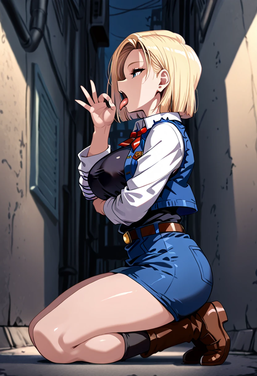 masterpiece, best quality, highres, dragon ball, android 18, blonde hair, short hair, smile, cowboy shot, top-quality、masterpiece、lighting like a movie、Beautie、beautidful eyes、outdores, (ruins), city, Beautiful skins、(medium tits:1.3)、long legged、real looking skin, short hair, skinny, ((((((masturbating)))))),(((((thick thighs))))), (((((pussy))))), (jean skirt), sitting