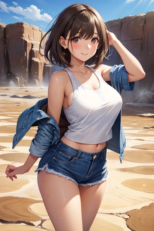 (Shoot from below:1.5), Rear Angle, (From below :1.4), (Crotch focus:1.2), (low angles:1.2), BREAK, top-quality, masterpiece, Photonic style, high-detail, 16k picture quality, beautiful a girl, Turn around and look at the camera, Depicts the whole body, Standing backwards, plump big breasts, Constricted waist, white short sleeves T-shirt, Sheer , Denim shorts, Navel Ejection, Crimson sky, Madder clouds, Dazzling sunset light, suns, Orange Sea, sand beach, Splash,