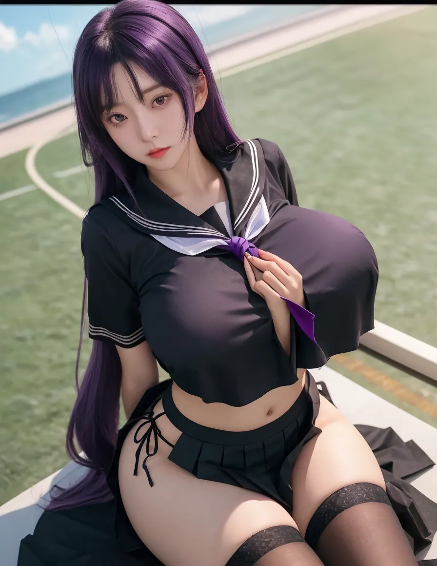 See-through sailor suit、Big Tits、Transparent nipples、Sheer skirt、Cheerleader、Volleyball court at sea、Pussy line、Purple Hair