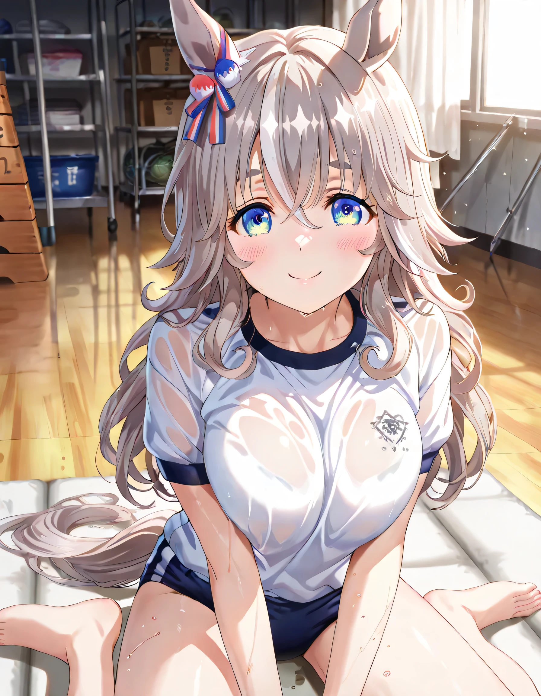 ((ultra-detailed)), (highly detailed CG illustration), (best quality:1.2), ultra-highly detailed, colorful composition, artistic photoshoot, 1girl, solo focus, thigh to top:1.2, cowboy shot:1.2, moe anime character, girl, dainty facial structure, round face, rounded chin:1.2, short height, wonder acute, \(umamusume\), gray hair, blue eyes, horse ears, horse tail, ample breasts, white short sleeve gym uniform with Navy blue rim:1.3, navy blue school gym buruma, sweat:1.2, impossible gym uniform, wet clothes:1.2, smile:1.3, blush:1.3, gymnasium storeroom, wariza on a gymnastics mat, dynamic pose, contrapposto pose:1.3, best quality, expecting, pink cheek, blush, light pink gloss slip, portrait, depth of field, sparkling sunlight, lighting, backlighting, shine, lighting, caustics, ray tracing, perfect face, lustrous skin, highly detailed face, highly detailed eyes, perfect face, perfect nose, perfect hair, perfect eyes, perfect anatomy, beautiful hair, beautiful small face, extremely detailed face, beautiful detailed eyes, beautiful clavicle, beautiful body, beautiful ample breasts, leavage, breasts squeezed together, equalize the size of the left and right breasts, beautiful thin thighs, beautiful legs, beautiful fingers, (4 fingers), 1 thumb, lovely, (very detailed background:1.0), (highly detailed background:1.0), summer aesthetic, intricate details, festival atmosphere, summer colors palette, chromatic aberration