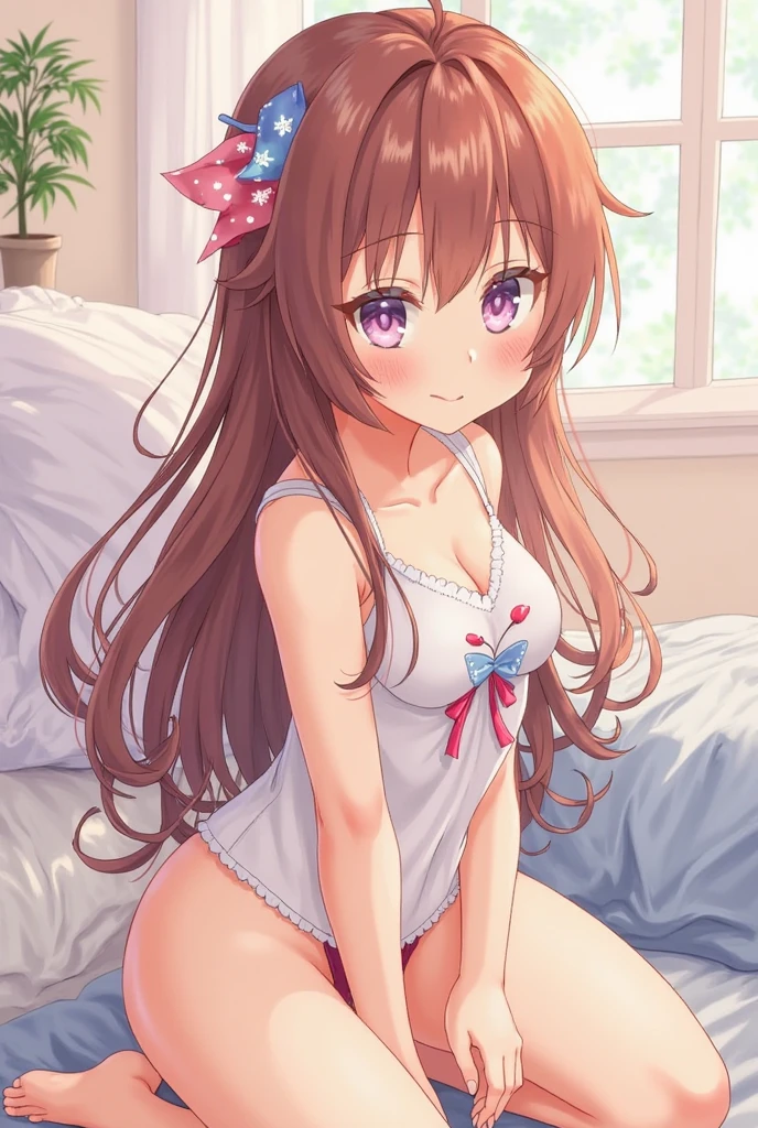 masterpiece, beautiful illustrations, highest quality, pretty girl, 1girl, Bedroom, pastel colour, (two-separated lingerie), cute lingerie, reddish brown long hair, headband, bright lighting, presenting, looking at viewer, on bed