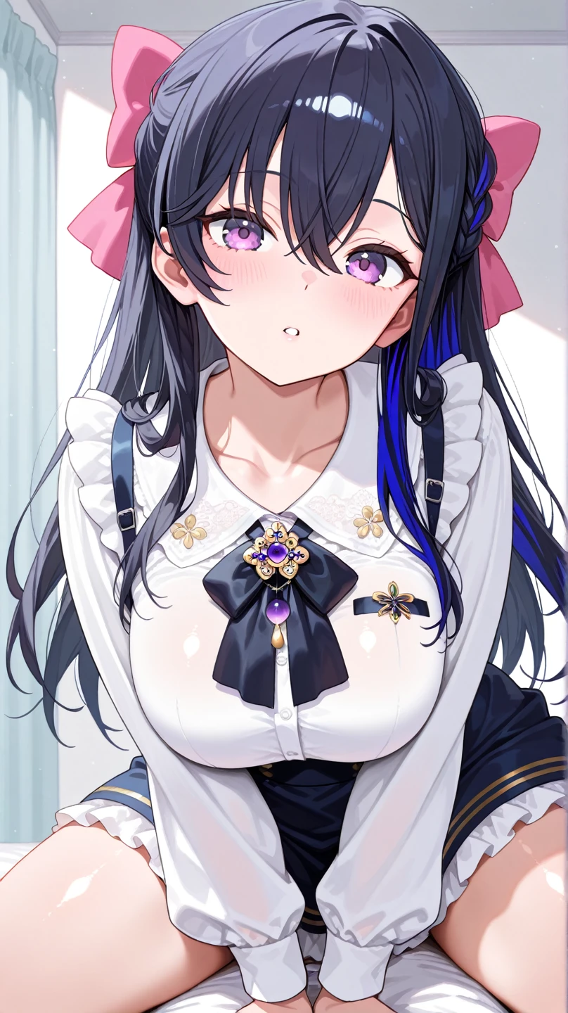 One Girl, (Ultra_detailed), (Written boundary depth), like , gloves, Mouth closed, Long Hair, star (symbol), View your audience, (Rainbow Hair ), Purple eyes, Upper Body, hair ornaments, :p, Frills, Maid dress, smile, Sleeveless, Maid, symbol pupils, fringe, star pupils, Maid caffe, Roaring years, isometric, From above, null, flower, cliff, Center of chest, (Folded), (With low-cut top), Maid, city, Tokyo、Long black hair、Big Breasts