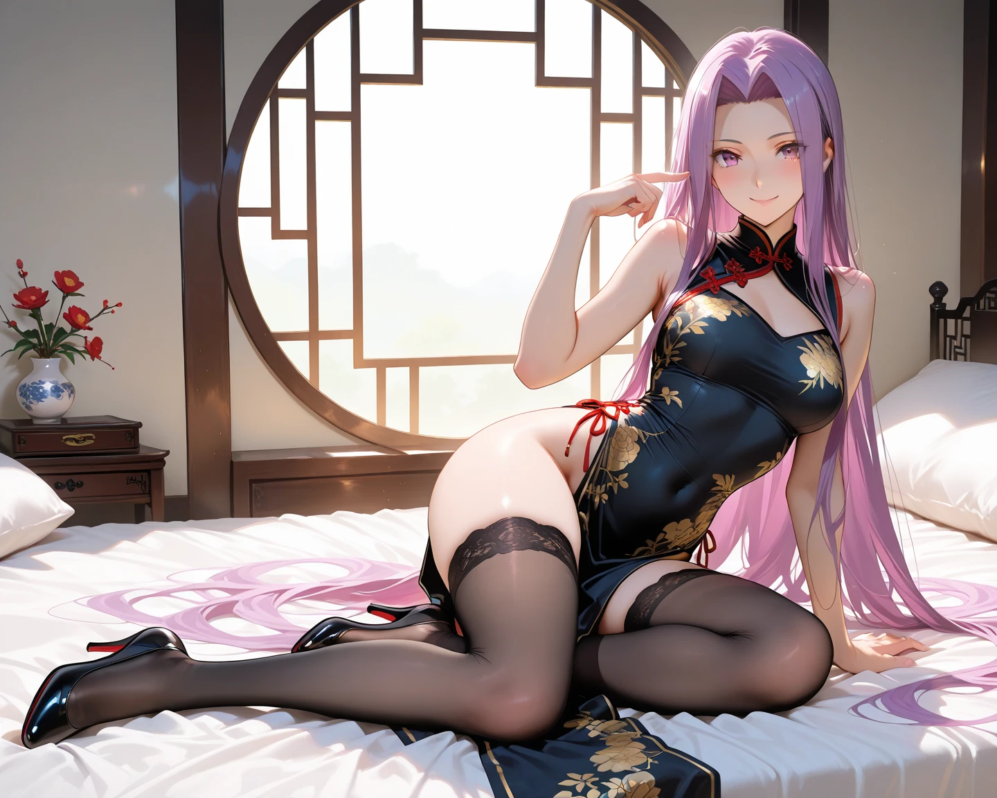 Occupation: fortune teller. Beautiful girl with long hair. Pink hair color. Large eyes. Innocent atmosphere. Sexy kimono-like outfit.