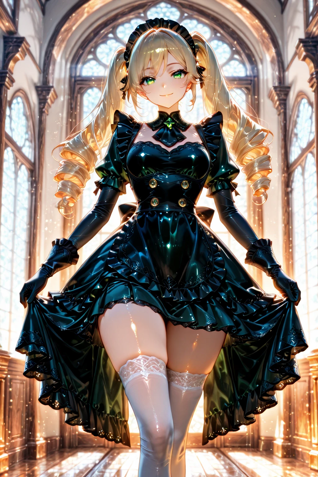 high quality, 8k quality, ultra detail, 1girl, Makeup, highest quality, long straight hair, emerald green eyes, black high heel shoes, white dress, bare legs, standing pose, blonde hair, long legs, large thighs