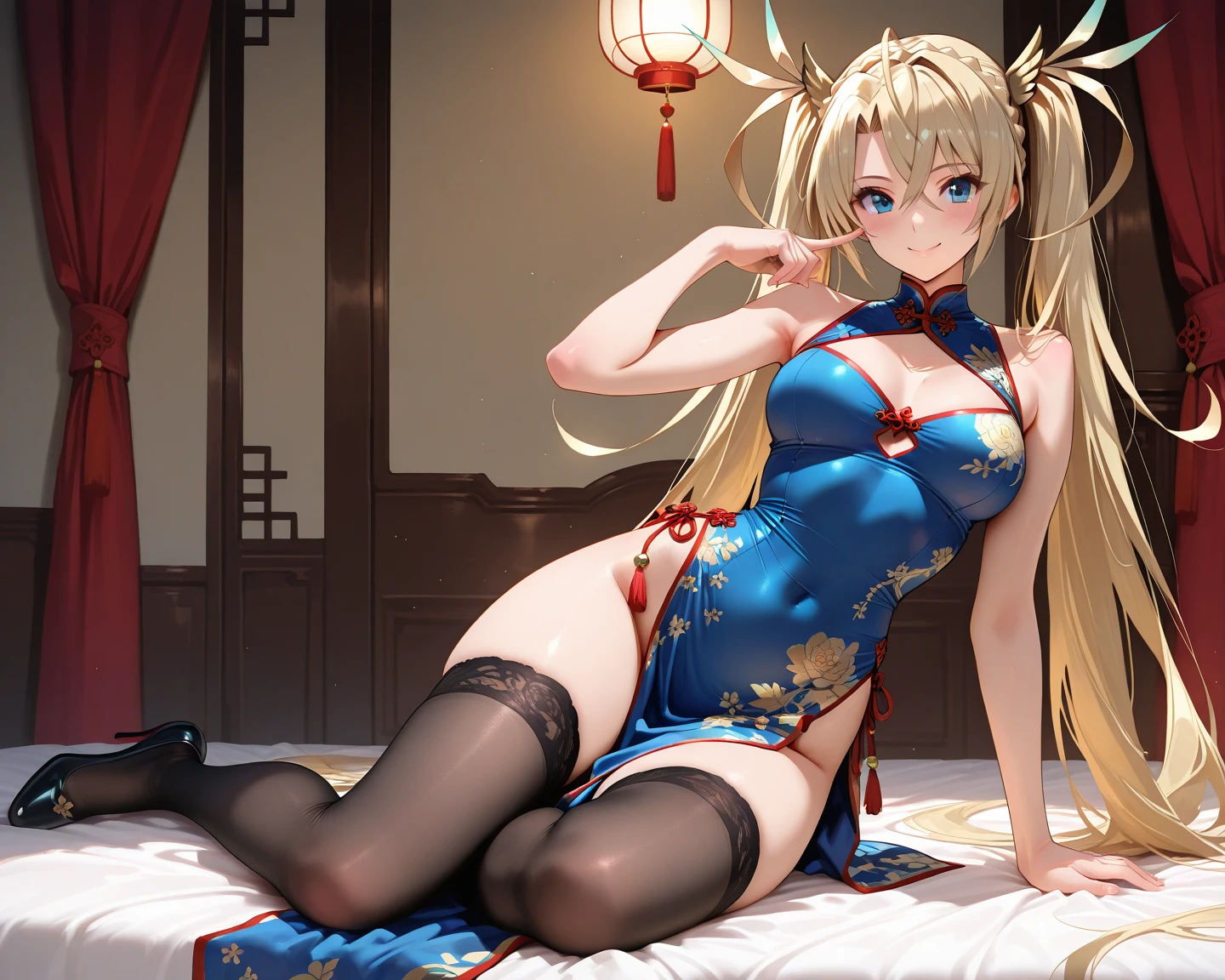 Highest Resolution,Highest quality,１A beautiful girl in a Chinese leotard,smile,Bun Hair,Bedroom,bed,High leg,Blonde,Knee-high stockings,