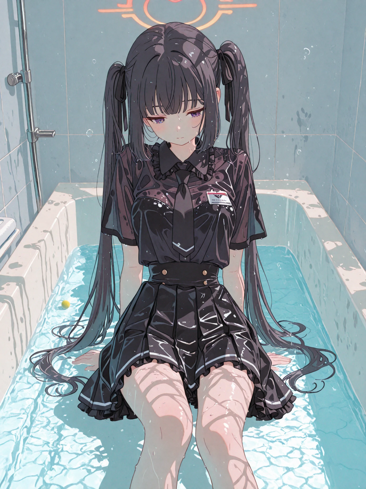 1 girl, emo_hairstyle, Red lipstick, collar, Eyeliner, eyeshadow, smoky eyes, realistic lighting, school, shirt , tie, skirt, Black Stockings, long hair, flat chest, shiny skin, bukkake, peeing self, pissing stream between legs, 8 years old, idol girl, very young, cutie, very skinny, anorexia