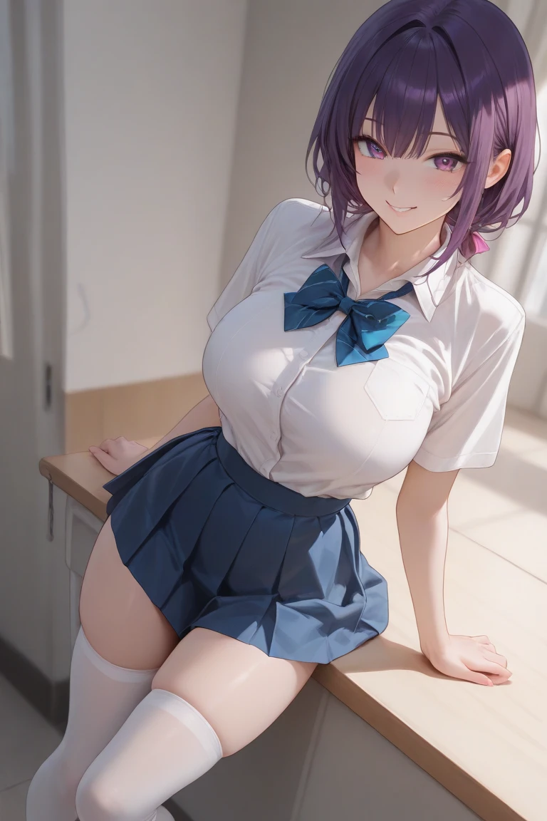 1 woman, 17 years old, (updo, pink and blue hair), plump body, black eyes, Indonesian high-school uniform, (wearing transparent white shirt, show bra), osis logo on shirt pocket, huge breasts, light-grey pleated skirt, sitting on a chair, seductive pose, full body shot, side view, smiling, in the classroom.