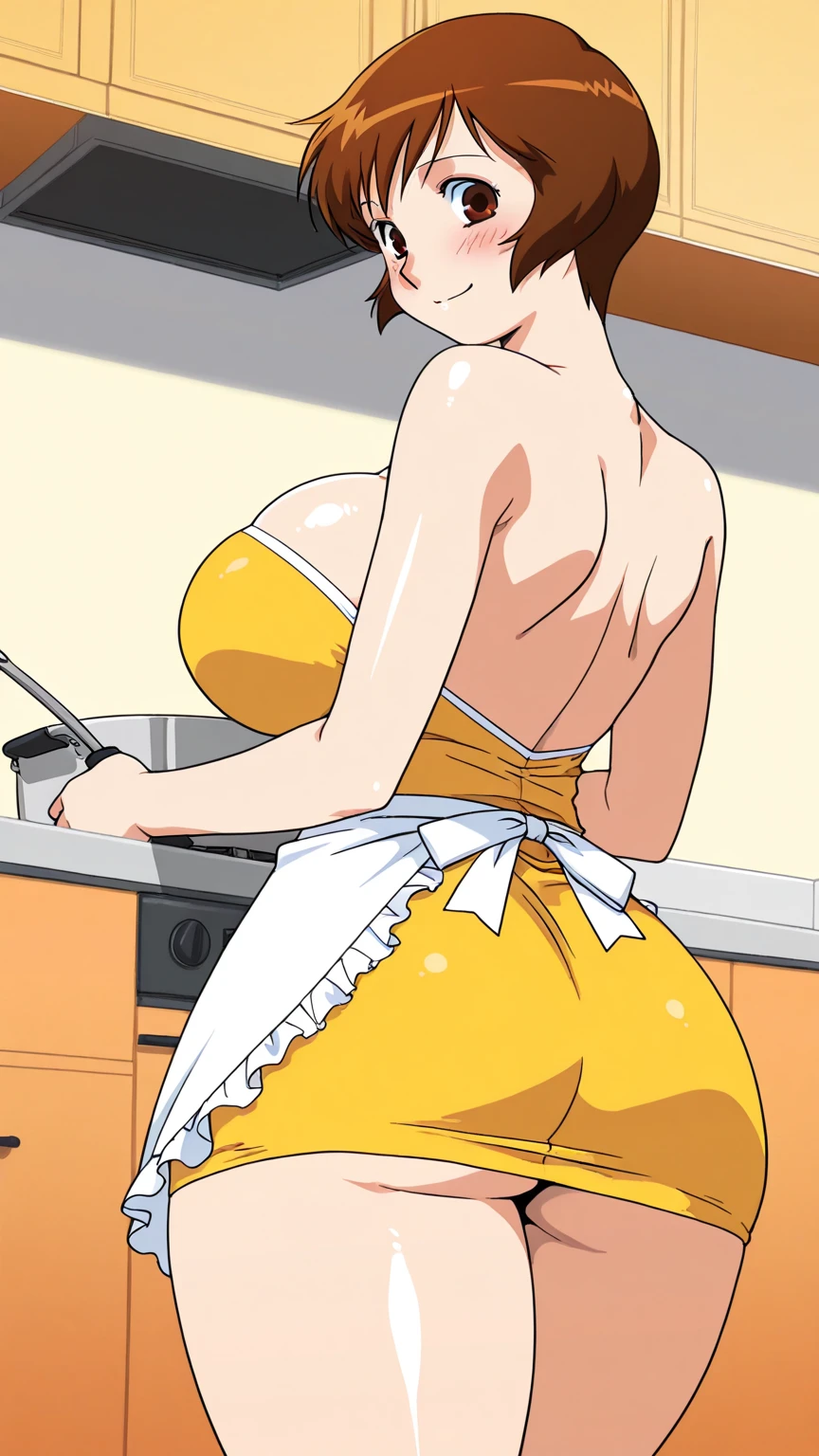 masterpiece, highest quality, High resolution, 1girl, solo, sexual intercourse, Pornographic images, short hair, etsukoto, brown Eyes, fine grain, fine grain, (((Thick thighs, Plump thighs, Voluptuous thighs, Thighs alone are enough))), ((Huge and ample breasts, Cleavage, big long breasts)), Naughty big,((big breasts are important))、((Naughty thighs)), L Cup, (thin:1.4),(Tight waist:1.4), (yellow dress:1.4), (white waist apron), (white panty), (((Simple Background))), smile, open mouth, ((Wide Hips)), (((Shiny, Oily skin))), Mature mother, Calf, Seductive mature woman, milf, Perfect body, Plus Size Model, curvy, ample, etsukoto, blush, clavicle, retro artstyle, 1990s (style), (thick thighs:1.4), from behind, back view, ((bare legs)), showing ass, ass focus, bent over, butt off, (from side:0.8),
