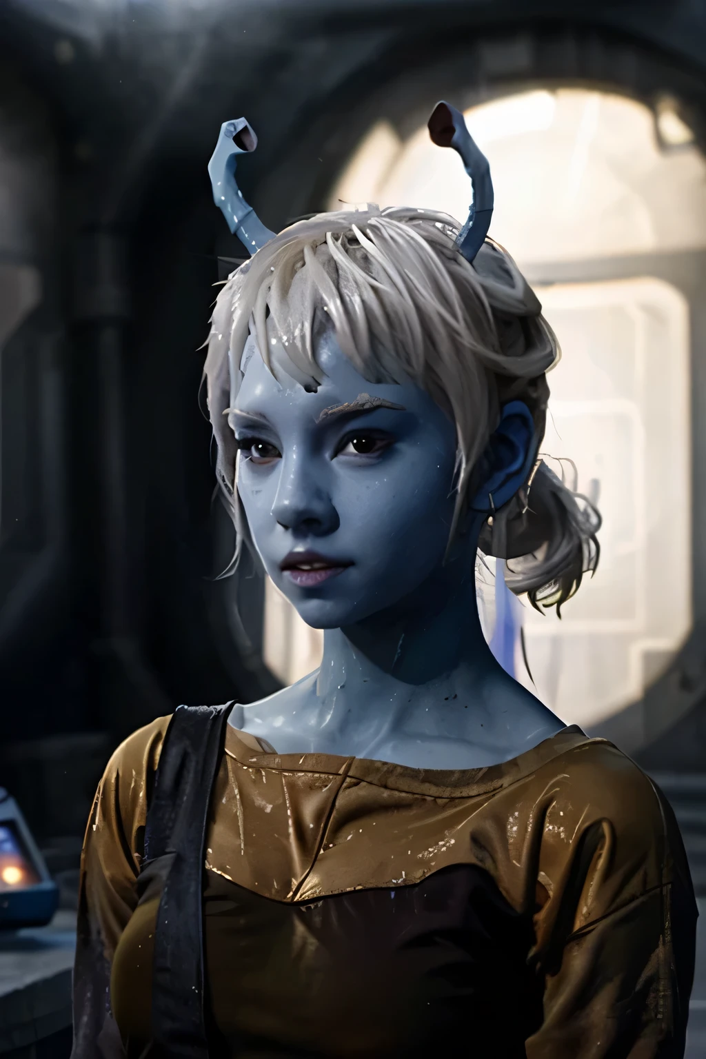 antennae,white eyebrows,long white hairs tied in ponytail, blue skin, A young andorian ensign , very sexy, Shoulder naked, wearing damp gray coton military underwears, looking naive, arroused and surprised, high quality picture