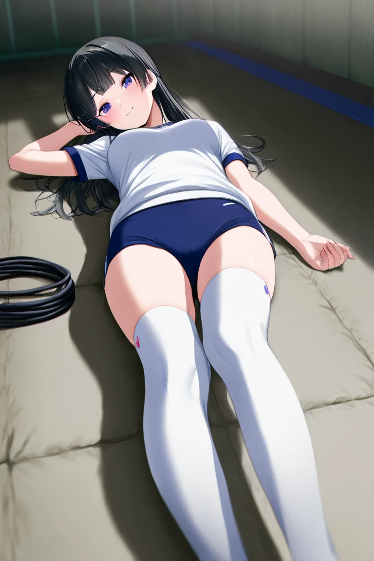 masterpiece, ultra quality, ultra sharp, ultra detailed, 1girl, solo, (((good anatomy))), haduki kurumi, (tattered torn dripping wet white gym shirt), navy gym pants, animal ears, randoseru, name tag, Japanese anime pose, laugh, BurumaShorts, Buruma, Gym Uniform, (((lying:1.4,  spread_legs, legspread, split_legs, spreading legs)), (randoseru backpack:1.4), (smirk smile), buruma, blue buruma, black buruma, (cameltoe), (tattered torn short sleeve white gym uniform with colored hem), (tiny nipples), (white long loose socks), strong lighting, legspread, bukkake, cum on clothes, cum on legs, cum on buruma, cum on bloomers,