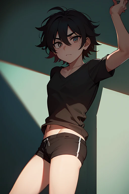 Highres, Masterpiece, Best quality at best,Best Quality,hight quality, hight detailed, 1boy, ??? Shota, Brown hair, Ponytail, Hight ponytail, Slim body, Sleeveless hoodie, (Showing armpit:1.3), Simple beckground,Seen from front, (Very thin body), (very young ???), (very small and short body), 10-Year-Old-Boy, Sweat