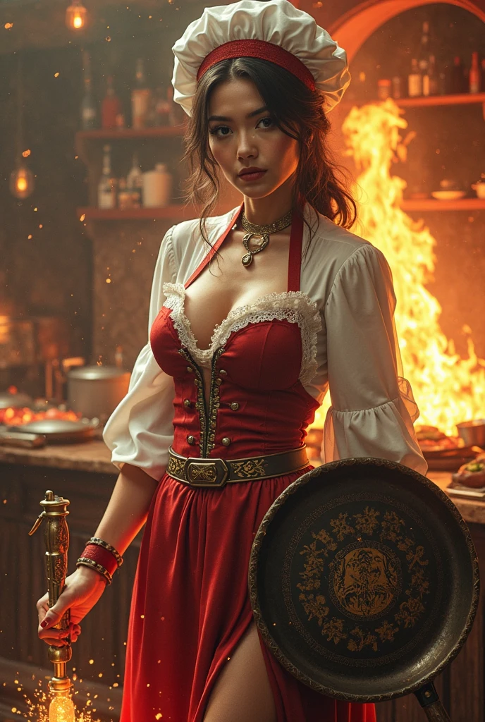 (Beautiful young female (perfect face) demon), (Alyssa Sutherland:0.3), small horns, tail, playful smile, pale skin, (skin texture:1.1), black hair, (classic French maid outfit:1.2), wreathed in fire, (crimson and gold eyes:1.4), fit athletic body, hellscape background, (masterpiece), (photorealistic:1.4), RAW photo, best quality, high res, rich colors, backlight, bright sunlight, cinematic lighting, film grain, raw photo, 50mm lens, Nikon D850, warm colors