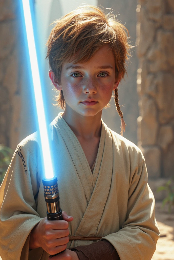 Young Jedi Padawan,  Boys,  dark blonde，Very, very short，Flat，Hair not covering ears, Use hairspray to comb your hair slightly upwards, Dark brown eyes, Calm yet domineering cold face, Detailed full view of the Jedi Temple roof, sunny, beautiful delicate brown eyes, Beautiful and delicate lips, extremely detailed face, Long eyelashes, A hand holds a bright blue lightsaber，and lift a heavy rock with force, action star wars scene, A playful, Joyful colorful decorations, 3D Rendering, masterpiece, (best quality,4K,8k,High resolution,masterpiece:1.2),Super detailed,(actual,photoactual,photo-actual:1.37),bright colors, dramatic lighting,Film composition,Studio lighting, There is only one lightsaber in the scene.