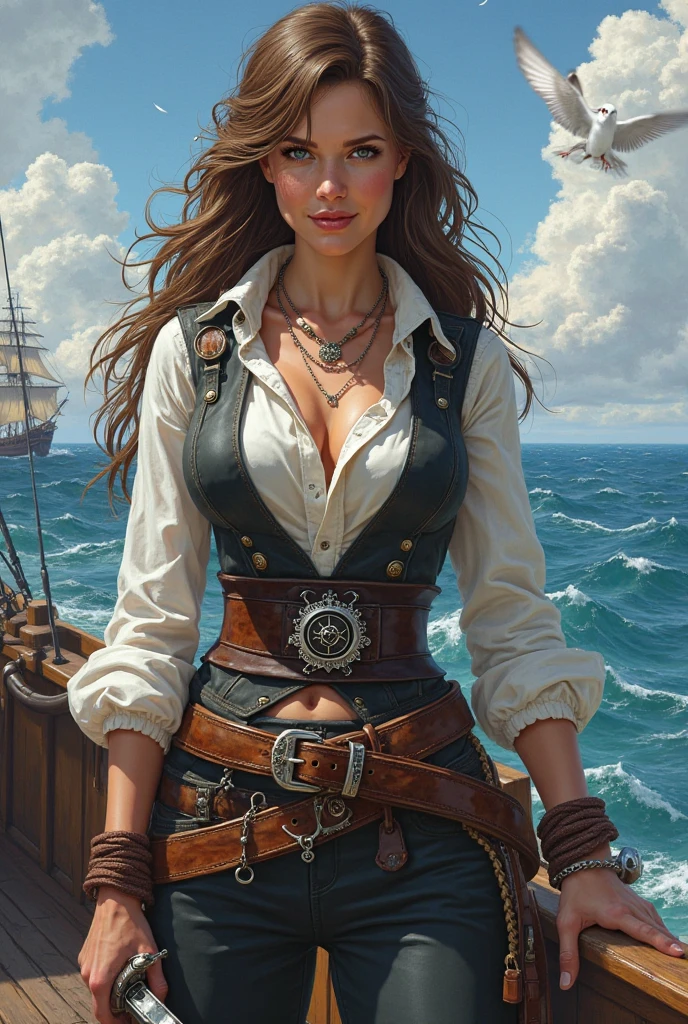 a portrait of a woman pirate holding a ((saber: 1.2)) on a pirate ship ready for battle, ((full body: 1.5)), ((anatomically correct: 1.5)), (ultra detailed face: 1.2), looking tense, looking dangerous, dynamic eye color. dynamic hair color, dynamic hair style dynamic skin complexion, wearing 18th century white button shirt, busty , wearing wearing high heeled boots, sunny day, sun rays, some clouds,18th century pirate ship background, vibrant, Ultra-high resolution, High Contrast, (masterpiece:1.5), highest quality, Best aesthetics), best details, best quality, highres, 16k, (ultra detailed: 1.5), masterpiece, best quality, (extremely detailed) RAW, (ultra details, Masterpiece, best quality), Hyperrealism style, holding sword, Intense gaze