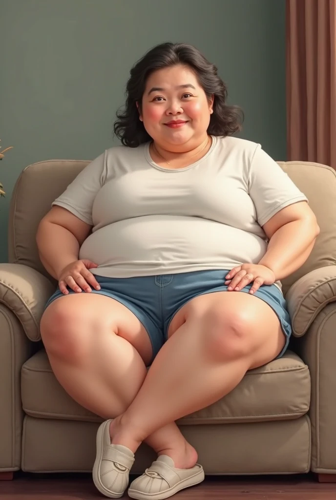 Very fat  girl , obese , age 15 years , very fat body , sit on the sofa ,face excited , full body,