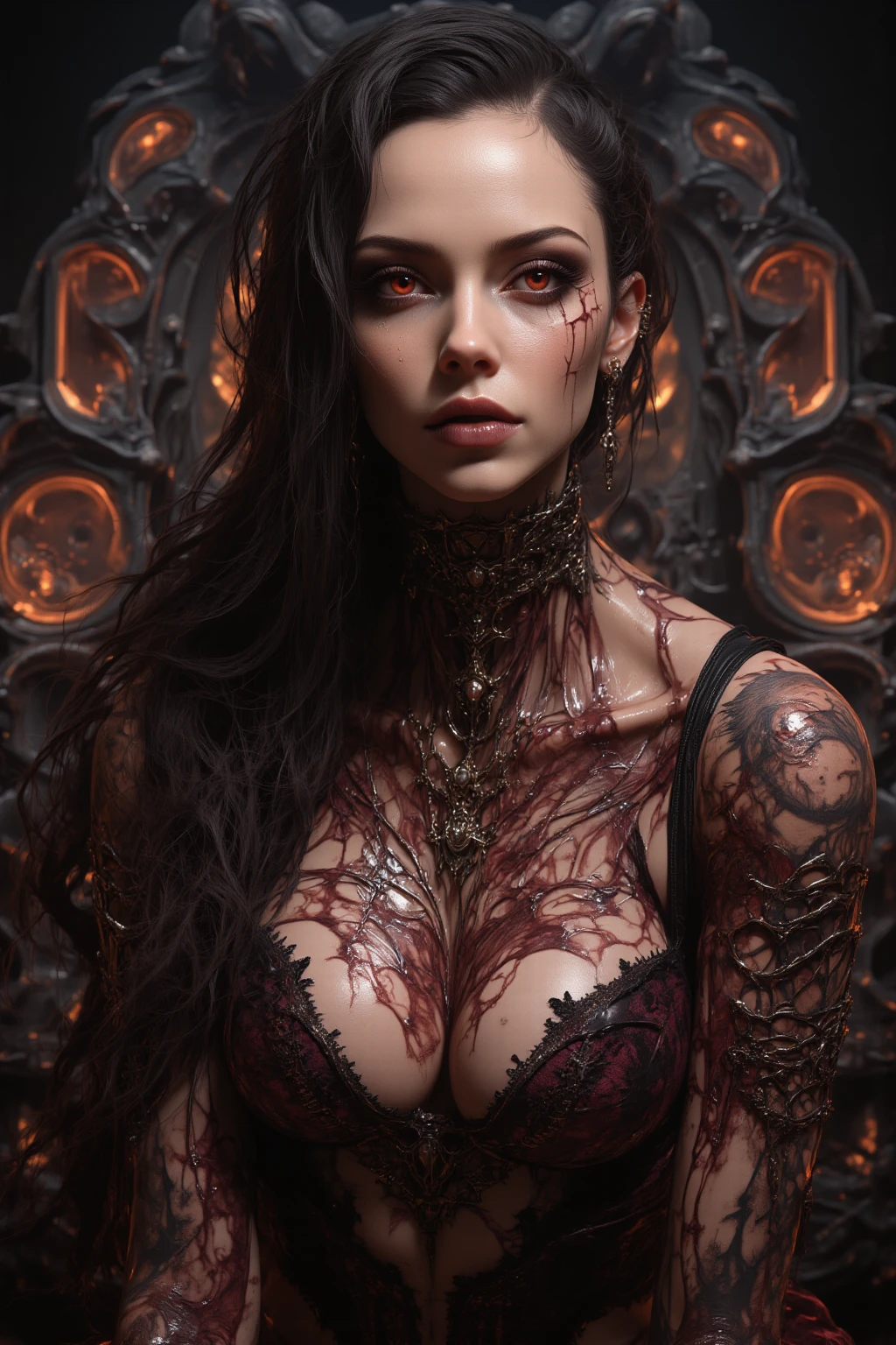 (The ancient vampire, sexy, naked), midshot, massive perfect breast, cleavage,tetradic colors, inkpunk, enlightenment, 4k resolution, intricately detailed, cinematic, detailed symmetric eyes, intricate details, approaching perfection, highly detailed, smooth, sharp focus, digital art, perfect composition, Yabadaba, hyperdetailed painting, ISO 200, 100mm, DLSR, dynamic,(medieval fantasy vibe), spooky vibe