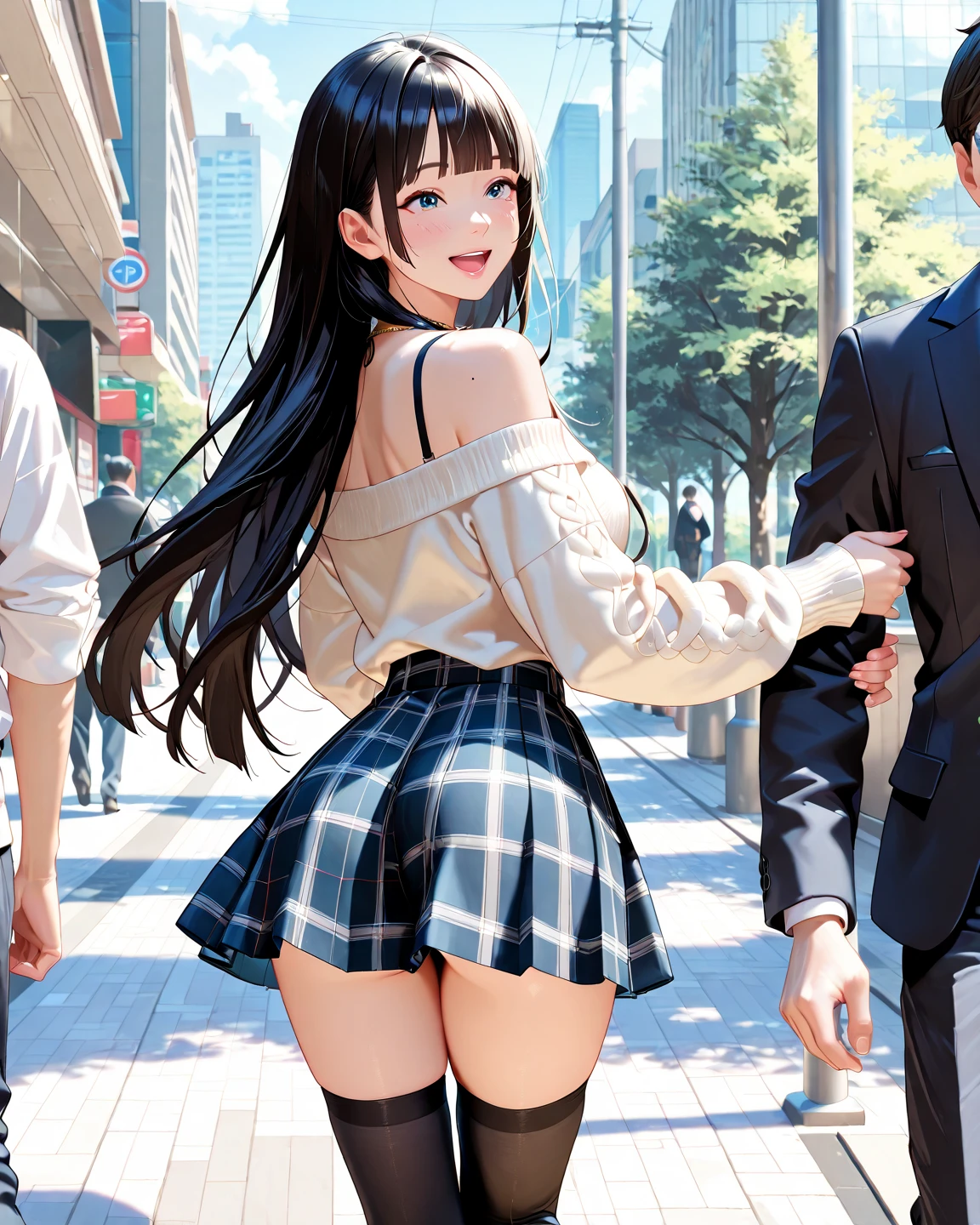 ((2 schoolgirls with stockings shows naked body on public street beside teacher))