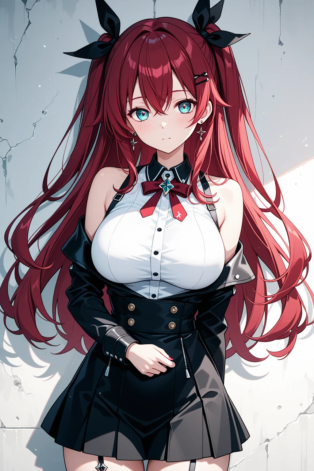 My name is Hikaru, I am a white test doll with long red hair and black eyes. I am 1.60 cm tall and weigh 56 kg. My breast sizes are 300 cm, my waist is 60 cm and my hips are 200 cm. Dressed in a long blue jacket and a garter belt along with a black thong. With big breasts 310 cm .