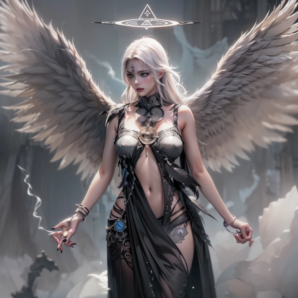 il y a une femme avec un tatouage sur le bras et une banane, des ailes angéliques sur le dos, ailes sur le dos, ailes plumeuses, large ailes sur le dos, Ailes détaillées, haut du corps en gros plan, huge ailes plumeuses, manche tatouée sur son bras droit, Des ailes très complexes!, nuit calme. Tir par-dessus l’épaule, déployant ses ailes, encré