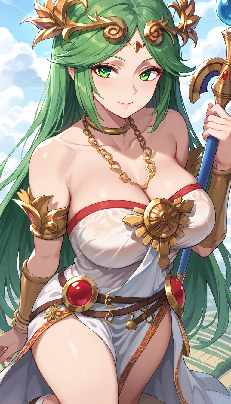 Highest image quality，Outstanding details，Ultra-high resolution，4K image, assembly, best quality, masterpiece, movie lighting ，Sexy，Huge breasts，cleavage，action，In battle，light beam from hand，Golden lightning surrounds，Long green hair，Green eyes，Lipstick，Gold armor，There are cracks on the armoghting hard，Sweat，anger