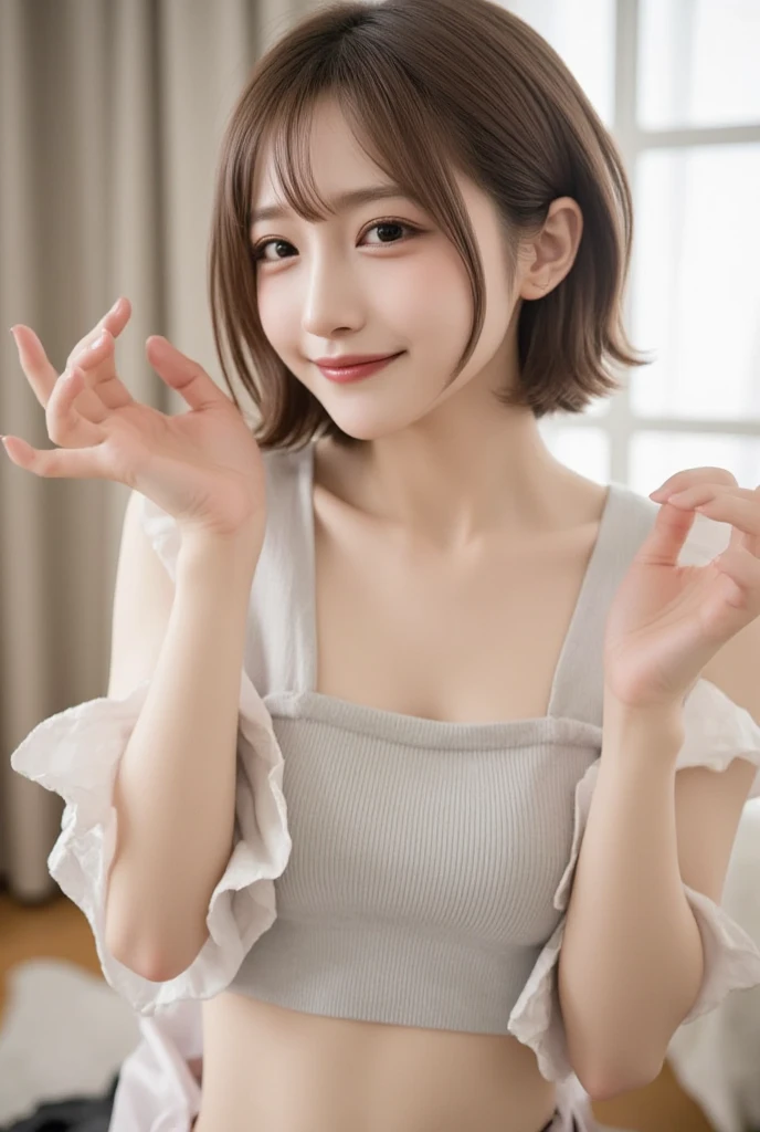 205 ((short hair)), 20-year-old female, In underwear、cardigan、Open your mouth、smile、Beautiful teeth alignment、Black Hair、ear piercing、Necklace around the neck、Looking into the camera, Waiting for the start