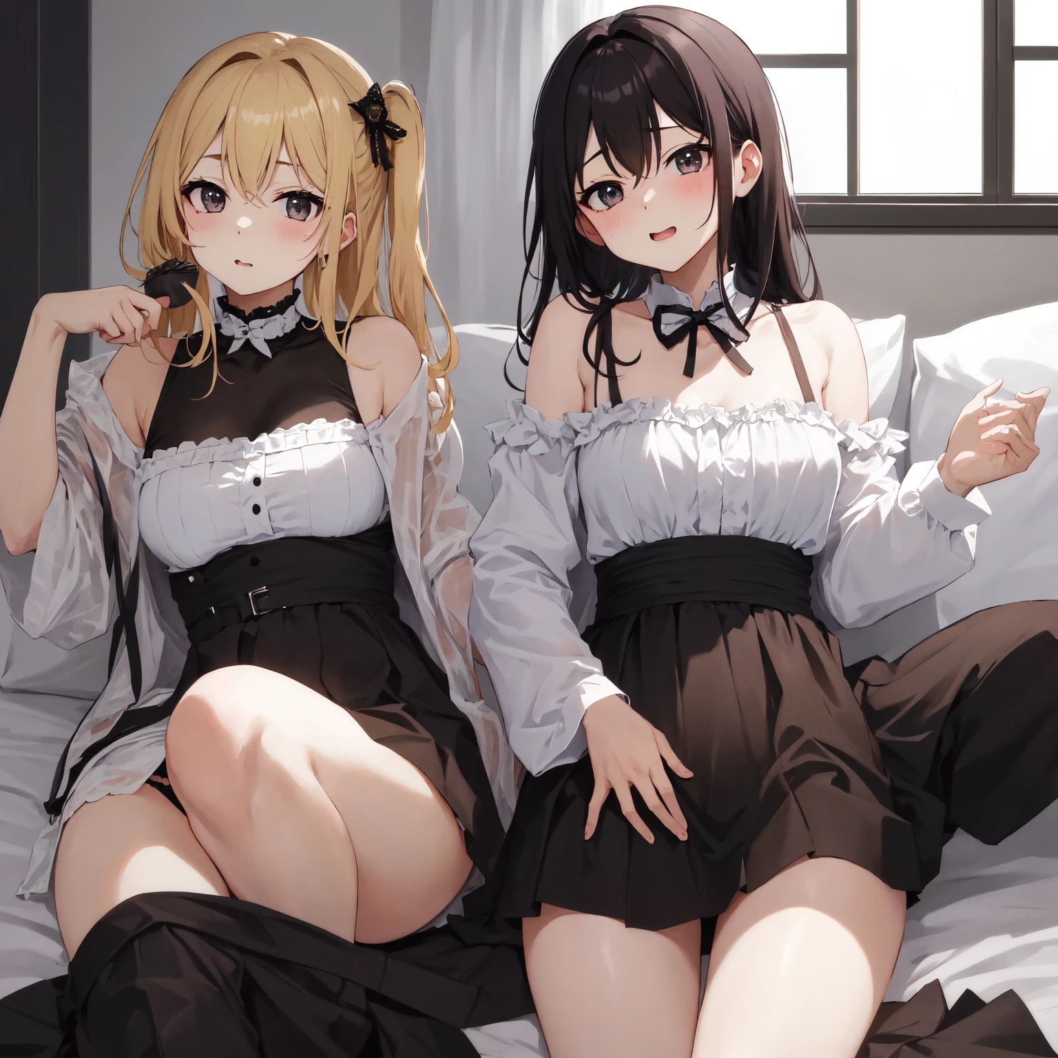 (2 young girls with long hair, Beautiful face and eyes and eyeliner,A delicate little face, pink eyes, Charming smile, (Maid cafe outfit with frilly, Sheer pleated mini skirt:1.5), Skirt turned inside out,(Transparent maid cafe costume with large open breasts and hollow:1.2), Sexy transparent underwear,Show belly button, Revealing sexy transparent white panties (very pretty girl), brown hair, Fashion hair accessories quality:1.4), (Extremely detailed),Pendants and earrings、 (Extremely detailed CG unified 8k wallpaper), Very detailed, High-resolution original color photos, Professional photography, Depth of Field, (Lying in bed)