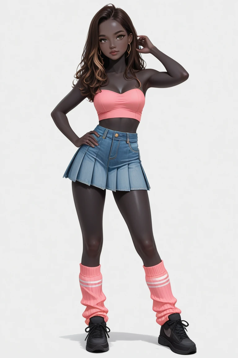 blonde woman, pigtails, midriff, short skirt, tight top, striped socks, heavy boots.  colourful