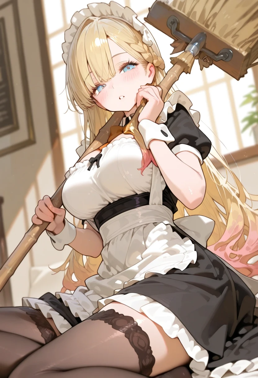 table top, best quality, air live 4, thighs thighs thighs, black thighs thighs thighs, apron, absolute territory,, maid, maid headdress, cleavage, wrist cuffs, solo,,(straddling viewer:1.4),(sweaty:1.4),(dark basement:1.4),hypno-rolla,
(torn clothes:1.1),evil smile,
