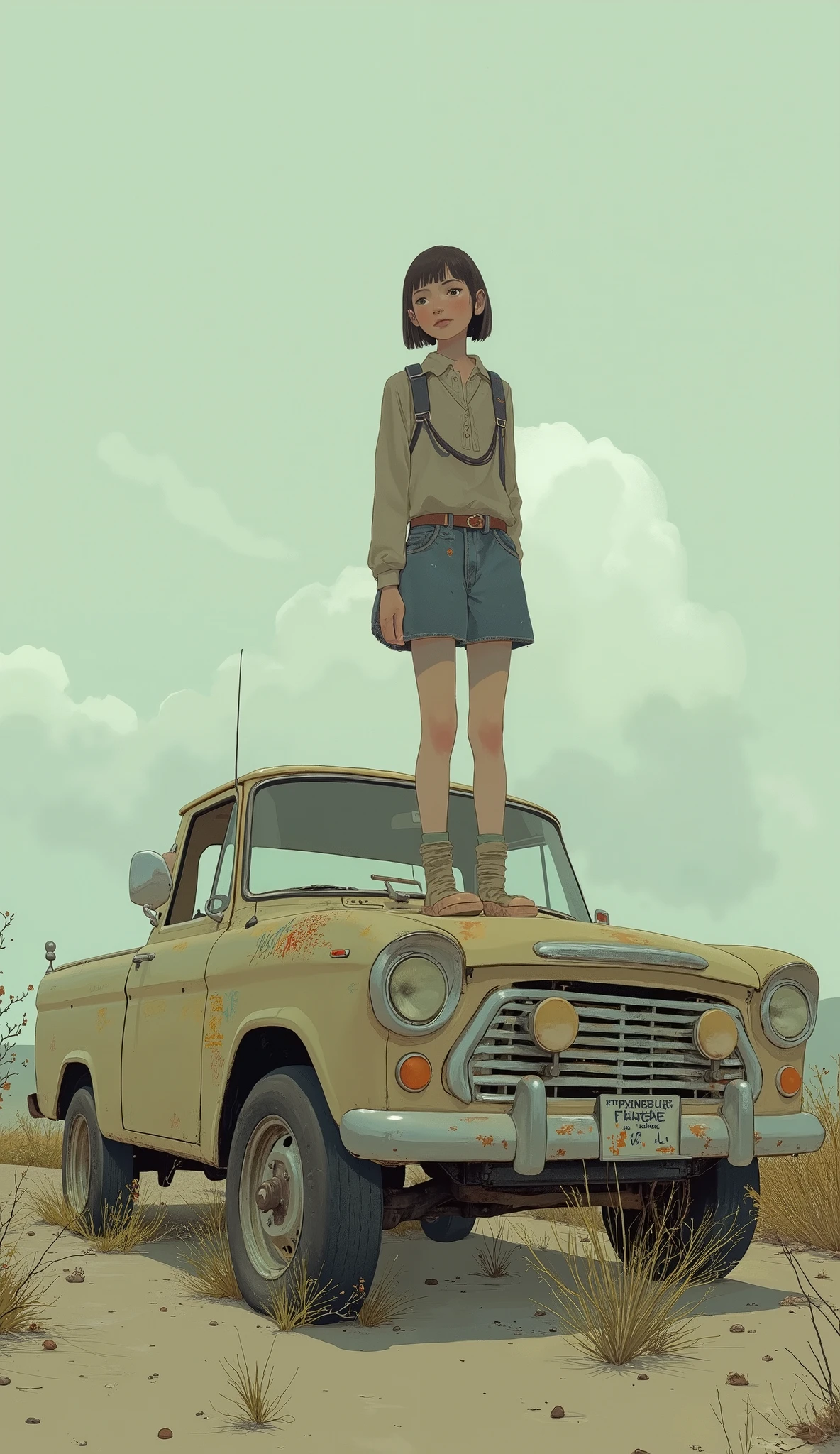 There is a woman standing on top of a pickup truck on the seashore, Simeen Stallenhag, artwork in the style of Gwyds, Starheg style , Simon Stälenhag , ( ( Mads Berg ) ), Simon Stahlenhug . digital art, Jang Seung-op, Simon Stellenhaag, Gwyds