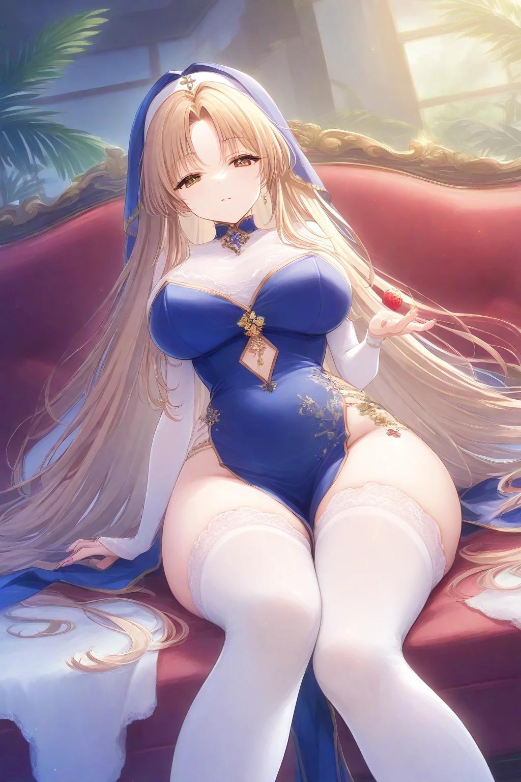 anime illustrated、Fantasia、gal bitch maid、Swimsuit Maid Clothes、luxurious palace、thick thighs、Colossal tits、Plump body、Expose nipple、fullnude、(exposing their genitals)、超A high resolution、A sly smile、Close-up of people、with blush cheeks、Luxurious dining room
