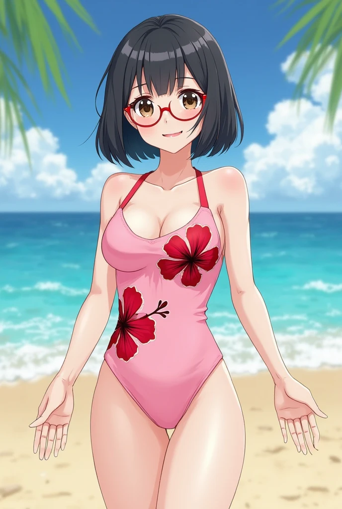 (masterpiece), (Highest quality), (High resolution), (detailed), One girl, (Hanekawa Tsubasa), Purple eyes, Black Hair, Long Hair, Hair Clip, hair ornaments, Braiding, twin Braidings, Hair Ribbon, Glasses Big, (pink competition swimsuit: 1.2), close, standing, Cowboy Shot, night, View your viewers, smile, poolsaide