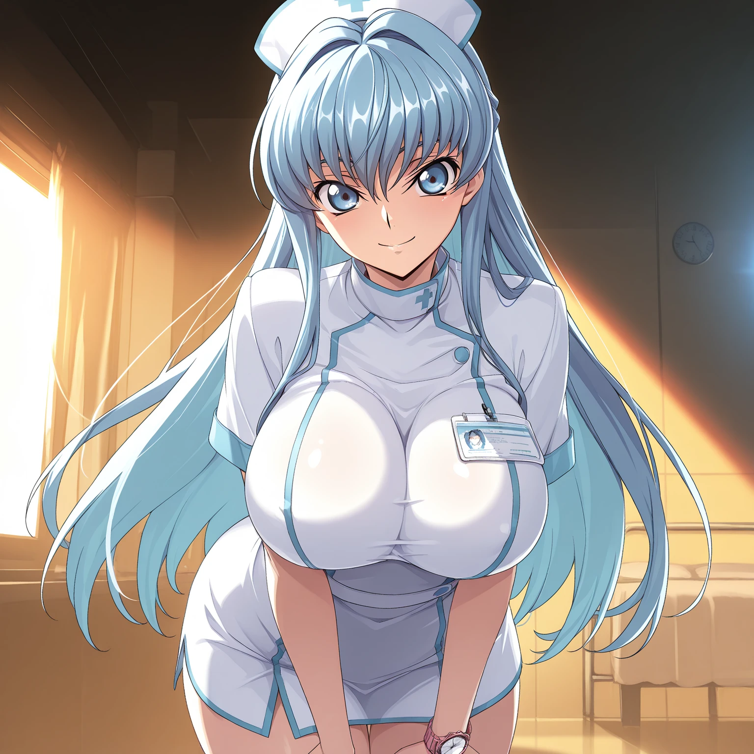 (Photos in RAW format, Best quality), (and souls: 1.2), (Sharp facial features), Aqua Konosuba, 1 woman, Beautiful, (highly detailed skin: 1.2), (teary eyes), (blue eyes), troubled face, clavicle, cute face, Beautiful eyes, Long eyelashes, ((perfect fingers)), Clean hands, ((long blue hair)), ((White Nurse's Clothes:1.2, white stockings)), (((Beautiful breasts))), Examination room background, soft lighting, high quality, professional lighting, photon mapping, physically based rendering, Perfect limbs, Ideal Anatomy, anatomically correct,