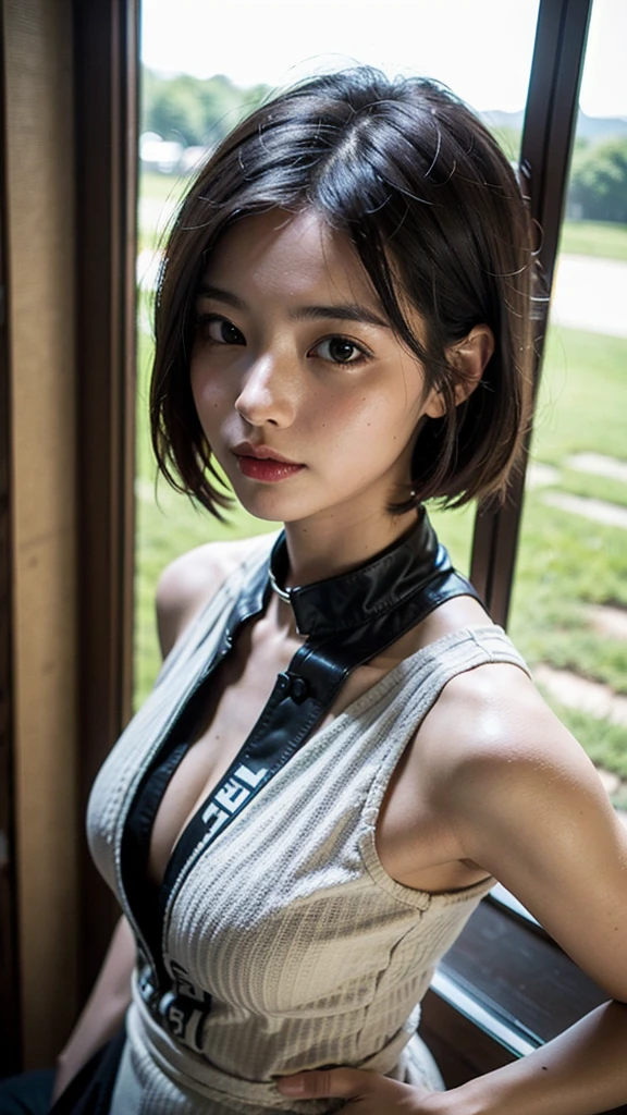 Beautiful woman dressed as a prisoner, shackles on feet, Black and white striped short dress, Iron bars, short sleeves, short cut hair, (Highly detailed facial expressions), random pose,Super huge breasts，Cleavage