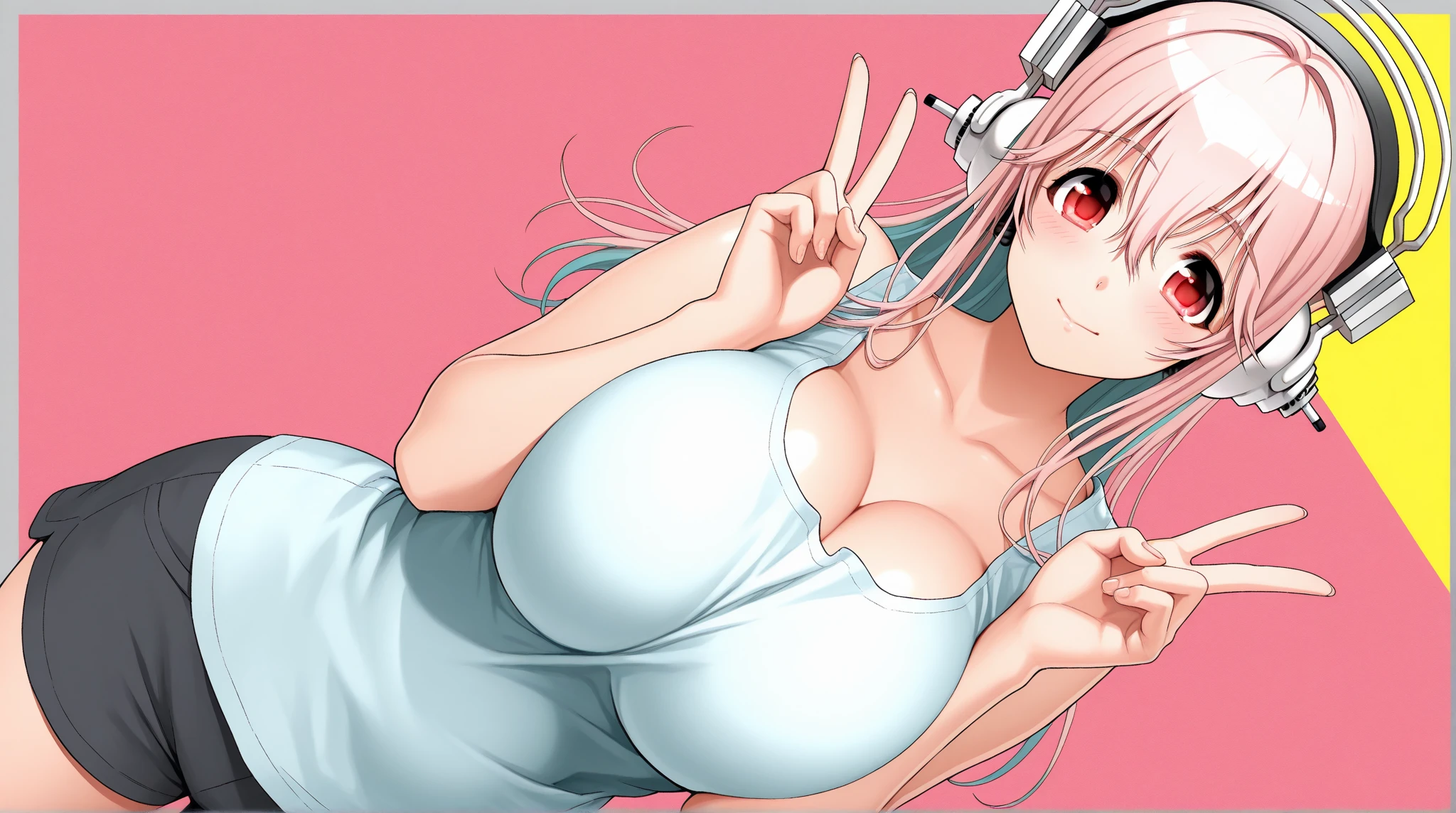 super sonico, nsfw, pastel pink hair, big boobs, thick thighs, cleavage, digital illustration, vibrant colors, soft lighting, perfect face, absurdres, ultrasharp, 8K, glowing effects, lolita dress, short skirt, butt, white and pastel pink dress, pastel pink colours