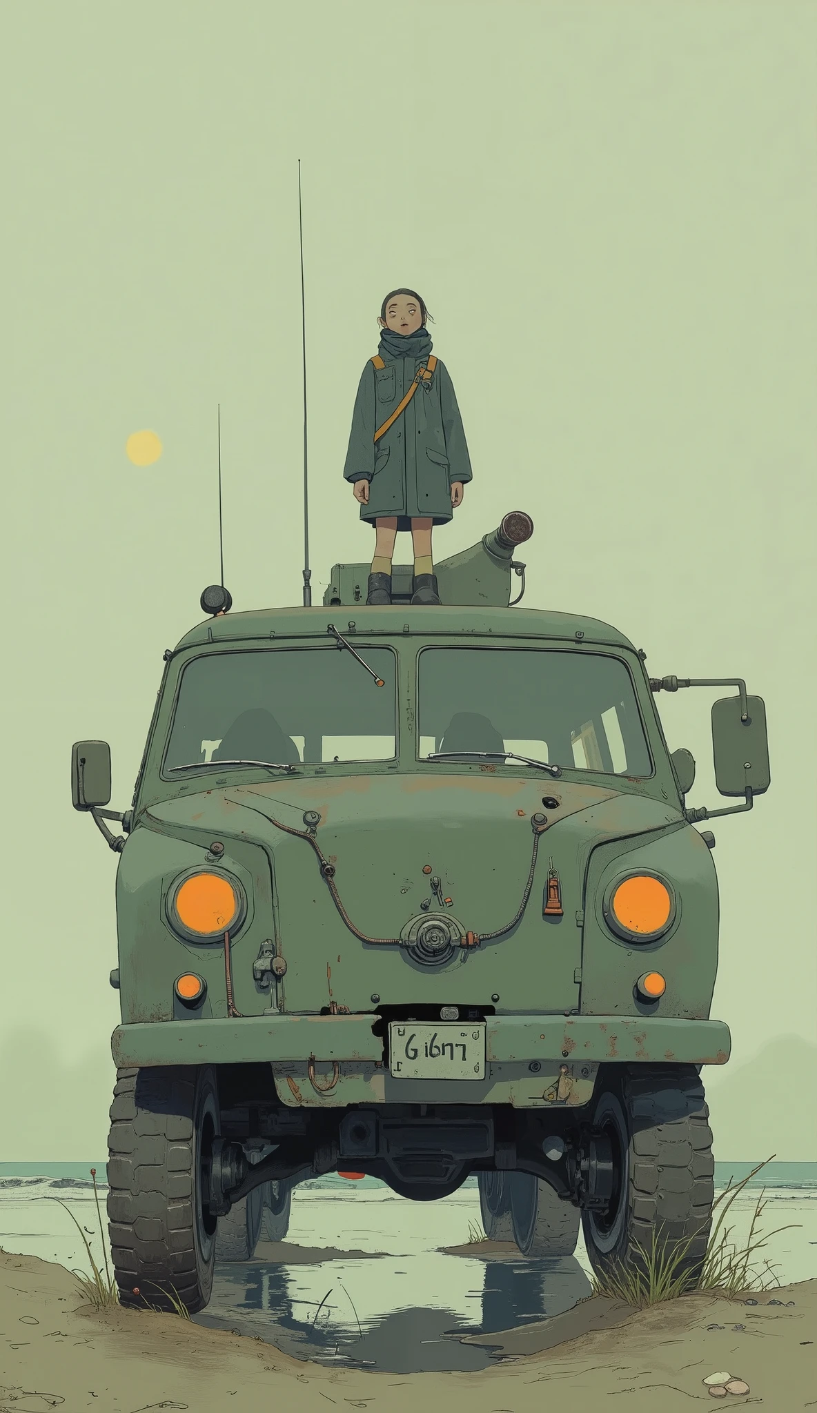 There is a woman standing on an armored car on the seashore, Simeen Stallenhag, artwork in the style of Gwyds,  Starheg style ,  Simon Stälenhag , ( ( Mads Berg ) ),  Simon Stahlenhug . digital art, Jang Seung-op, Simon Stellenhaag, Gwyds