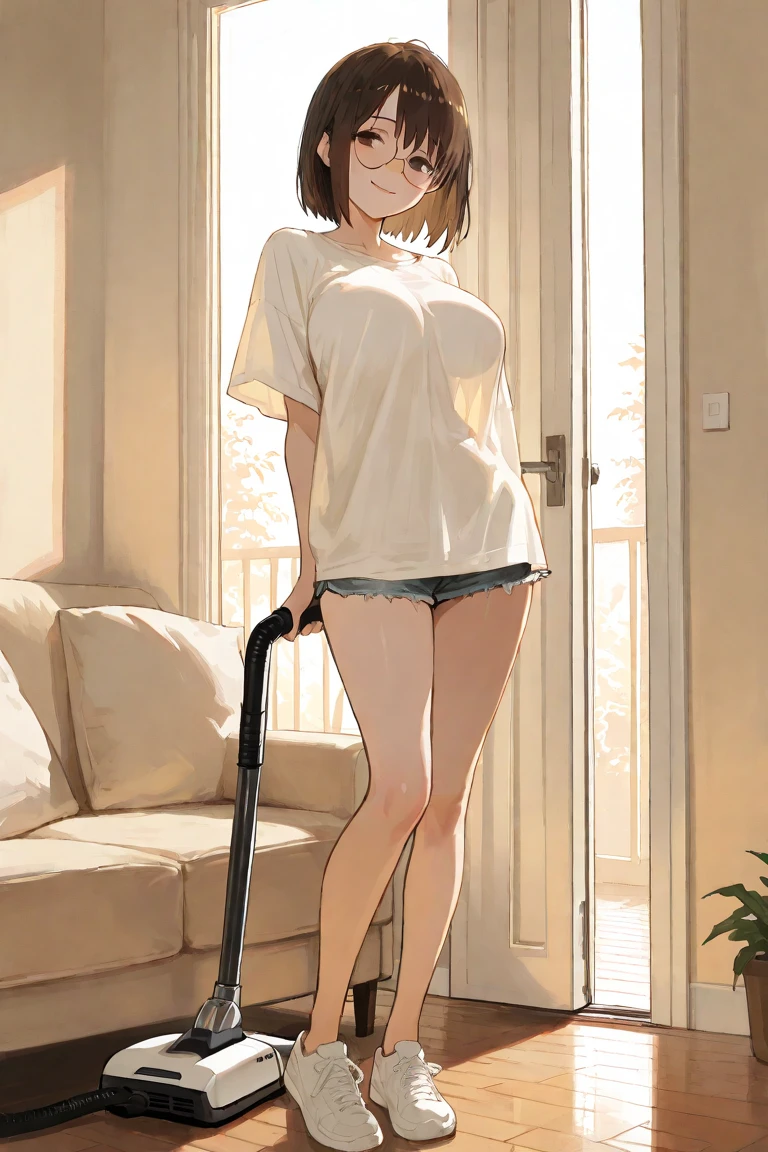 A Female mature robot loves herself. she wears nothing. Her Brown very short pigtails is tied with two big red clothespins, mature, android, blue eyes, full body, Height: 160cm, flushed cheeks, sweat bucket. full body shot, looking straight. Her smile is complete.show White pantie, Looking at the audience, 着ぐるみ