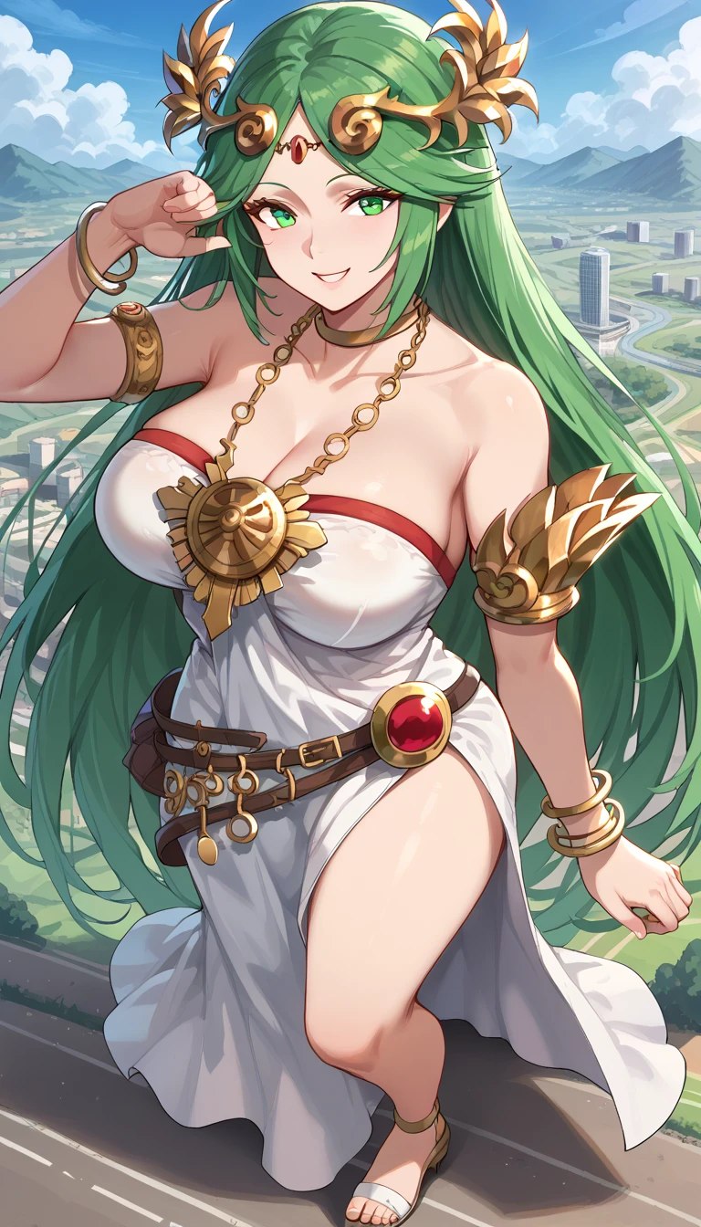 Neliel in adult form, a tall, stunning woman with an imposing stance, wielding a sharp silver spear, curvaceous body, large breasts, Neliel from bleach, wavy green hair, high sharpness, attention to detail, absurd details, ultra definition, dynamic poses , fighting position, bleach, neliel arrancar, aesthetic colors 