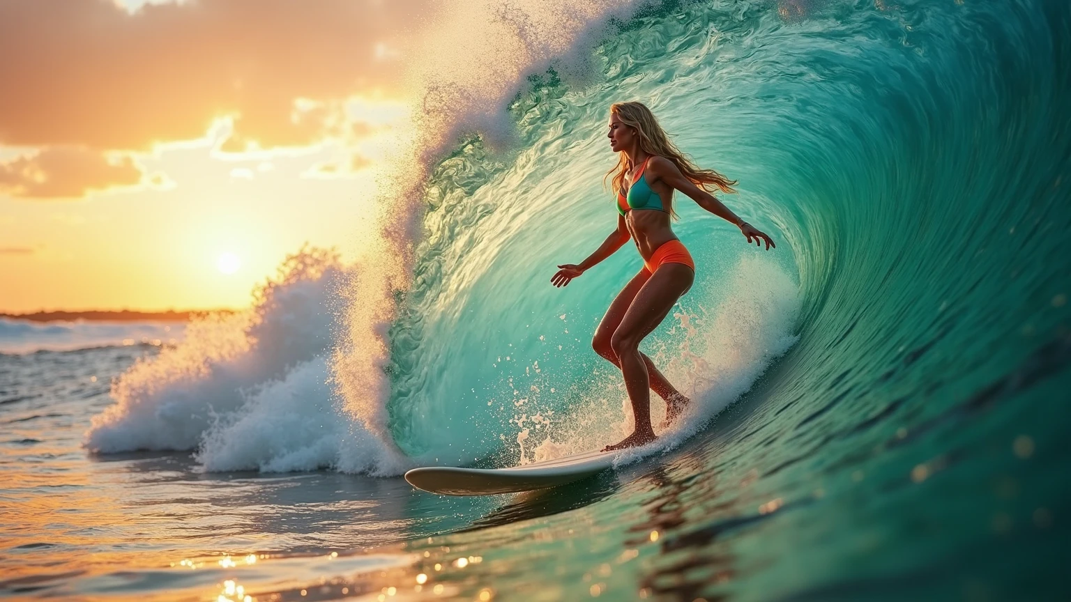 Back view of a beautiful woman surfing