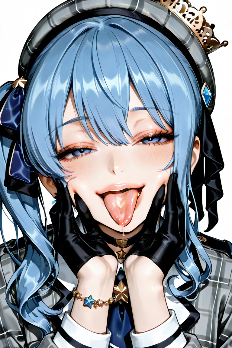1 girl in,Hermosa nariz,Beautiful character design, ojos perfectos, Cara perfecta,ojos expresivos, Mirando al espectador,(primer plano),(Focus on her face), Arte Oficial, face, open mouth, uvula, mouth, tongue, tongue out, vore, eula, eyes yellow, blue hair, short hair, White skin