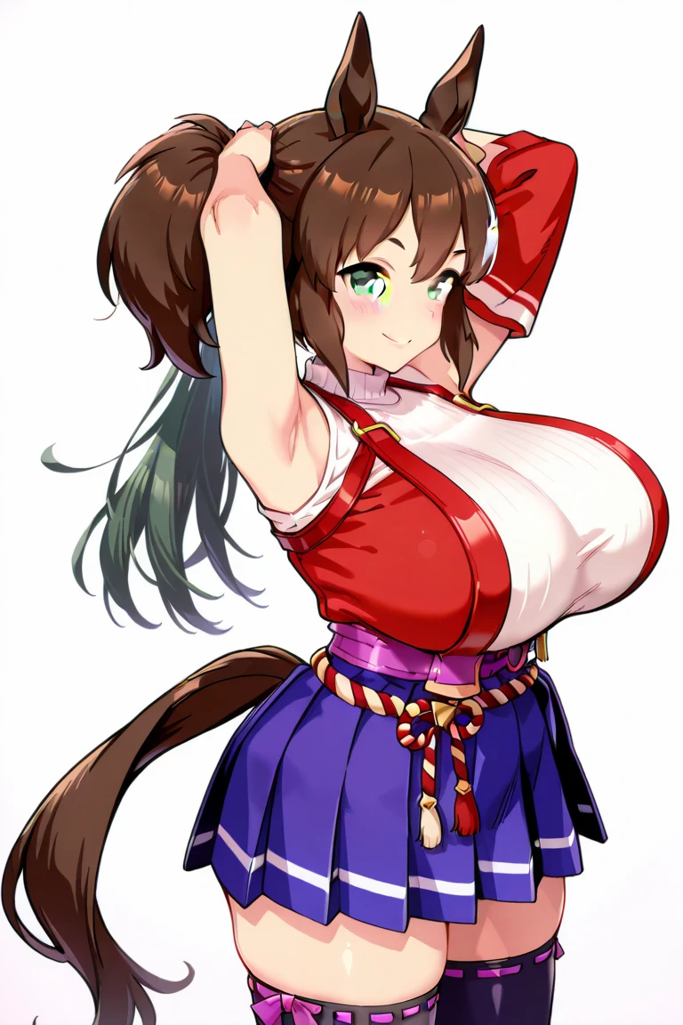 Highest quality,masterpiece, Highest Resolution, 1 girl,nsfw, full naked, paizuri,  kneeling, indoor, classroom, (huge breasts:2.0), lift up my breasts,pink nipple, smile, close up, horse ears, horse tail