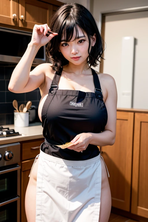 1girl,masterpiece,beautiful,realistic,(super huge fake breast:1.1),Wearing a (Apron,mini tight pants)) wear, (W cup Breast),standing,photoshoot,facing forward,looking at the audience,smiling,sit up straight,behind the girl there is nothing,
