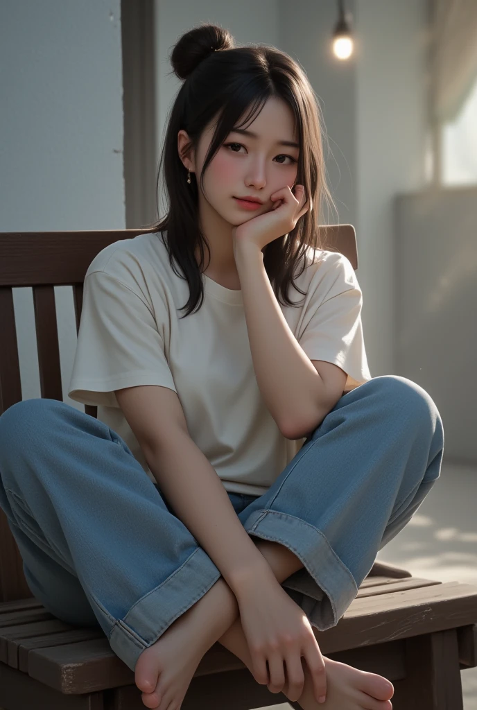 (low quality, humorous:1.0), 1 girl, embarrassing moment, girl letting out a fart, unexpected emission, pale face, sitting on chair, denim jeans, hand covering mouth, red cheeks, surprisedexpression, solo, hidden background, awkward situation, casual outfit, embarrassed smile, quiet room, no detail description, no additional elements.