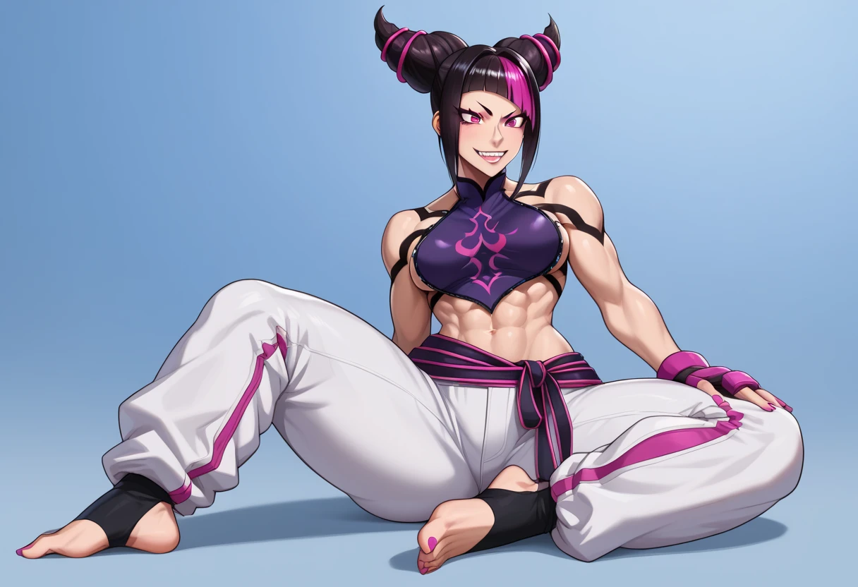 (b4ttl3:1.1),super saiyin, midriff, (small breasts:1.1),simple background, high detail, sharp focus, squatting, big boobs