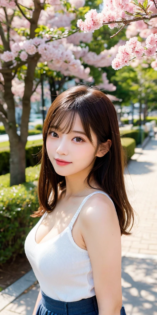 masterpiece、high resolution、ultra high resolution、Delicate、sunlight、whole body、1 female、30 years old、hostess's face、brown hair、long hair、perfect eyes、dense lips、smiling face、Slender perfect figure、japan beauty、OL,suit、cherry blossoms、cherry blossoms並木、armpit