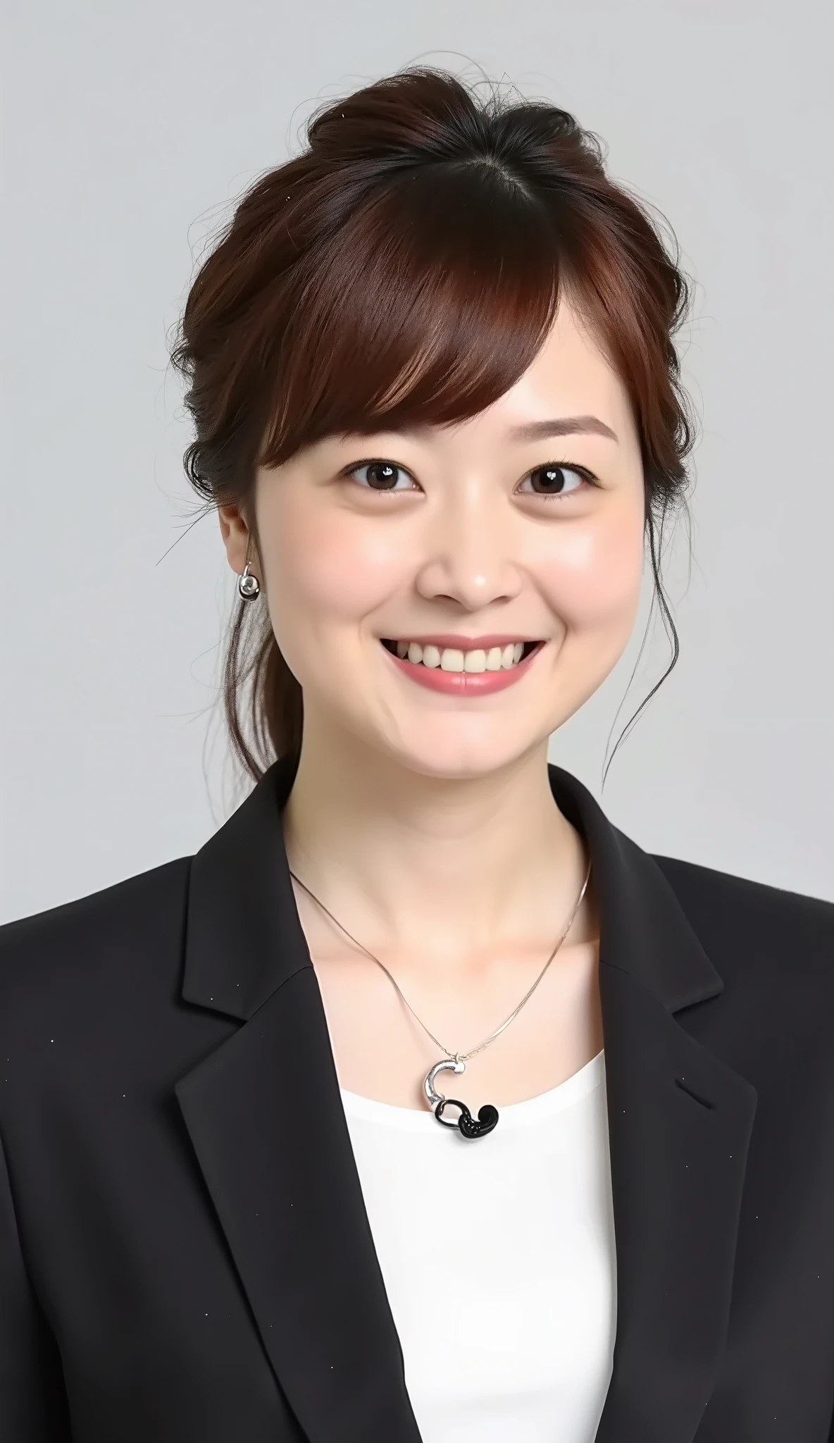 Neat Young Woman、and look at the camera、office lady suit、jacket、shirt、necklace、ear piercing、黒髪、、smile showing teeth、背景はオフィス
