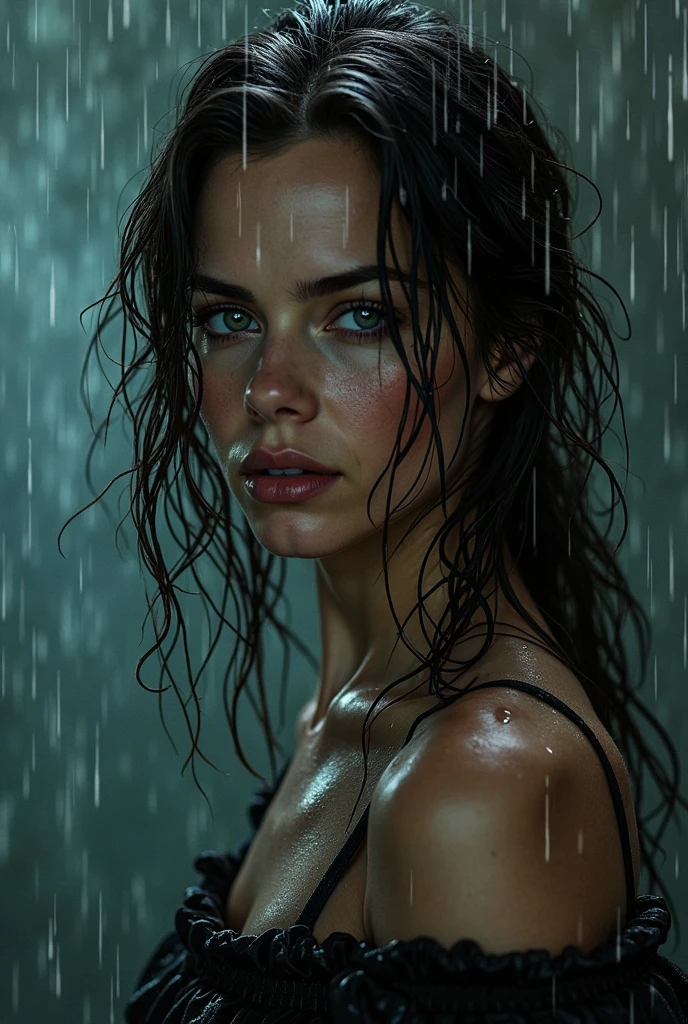 (((ultra realistic))), ((ultra-detailed face and eyes: 1.3)) ,(native girl), with very long thick hair, (feathers in hair), ((few clothes)) , ((indigenous clothing)) , slender body, (wet skin and clothes) , Near the waterfall, rain, dramatic light , contrasting, ((ultra-detailed)), ((Skin detailing)), (scene from a movie about ancient people), (Dark color scheme)