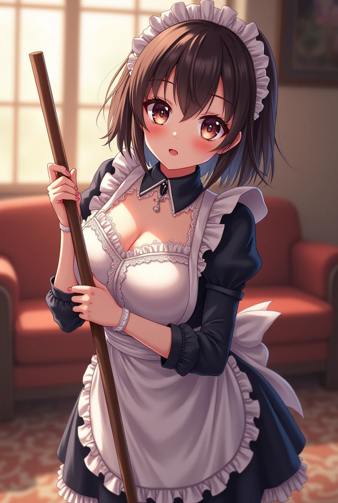 1girl, , solo, maid headdress, skirt, cleavage, , looking at viewer, swimsuit, maid, short hair, , apron, seiza, wooden floor, choker, frills, unconventional maid, brown eyes, maid , kneeling, sitting, black , black skirt, collarbone,  shoulders, brown hair, black choker, smile,  top only, indoors, closed mouth, full body, waist apron, white apron, frilled , maid apron, black hair, nose, black eyes, hands on own thighs, from above, miniskirt, shadow, hands on lap, parted bangs, blurry background, thighs, pink nail,
 <lora:commixmixL:1>, masterpiece, best quality, dynamic lighting , dynamic pose,, dynamic angle, (), detailed>, depth of field, dynamic lighting, blurry,  aged up, (), adult, 
, lips,