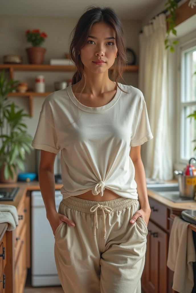 (masterpiece,best quality, detailed), girl indoors, dojo, closed mouth, legs apart, fisheye lens, depth of field, feet out of frame, tied shirt, single glove, print shorts, purposeful. Her chiseled proudly showcase her dedication to physical fitness, hands behind the back, realistik photo